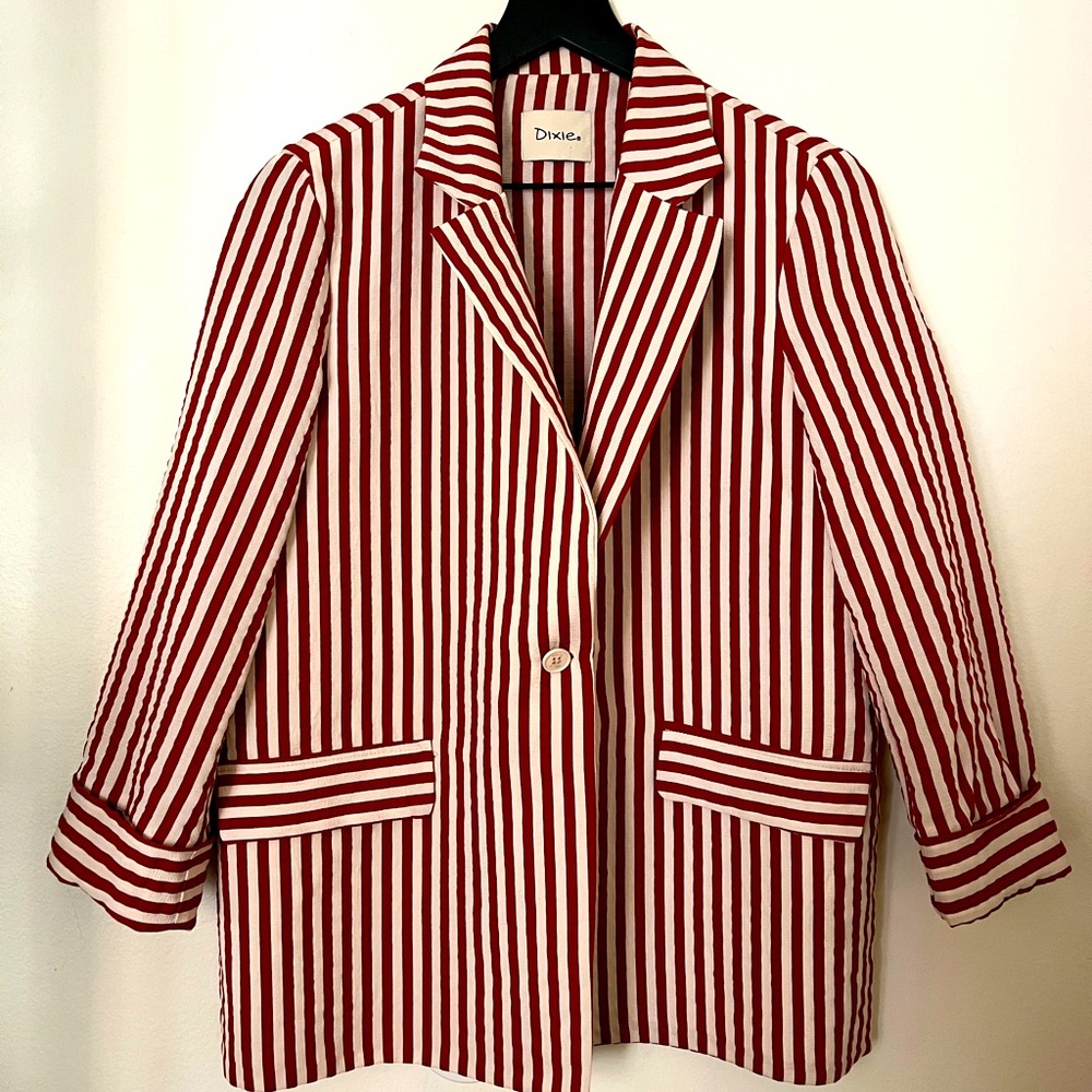 Dixie summer boxy women’s oversized jacket, burgundy and cream stripe.